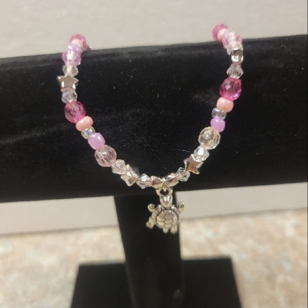 Hand Crafted Elegant Pink and Silver Beaded Ankle Bracelet with Turtle Charm